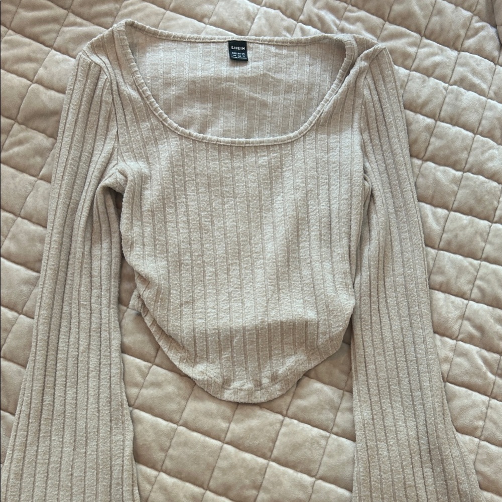 SHEIN Beige Ribbed Long Sleeve Blouse
